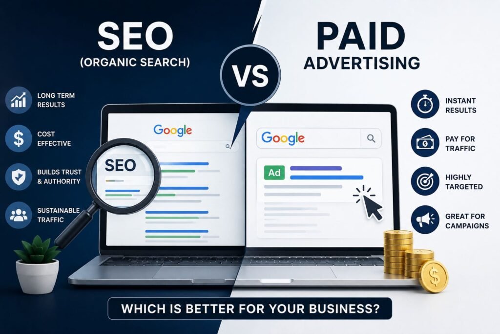 SEO vs Paid Advertising comparison for business growth